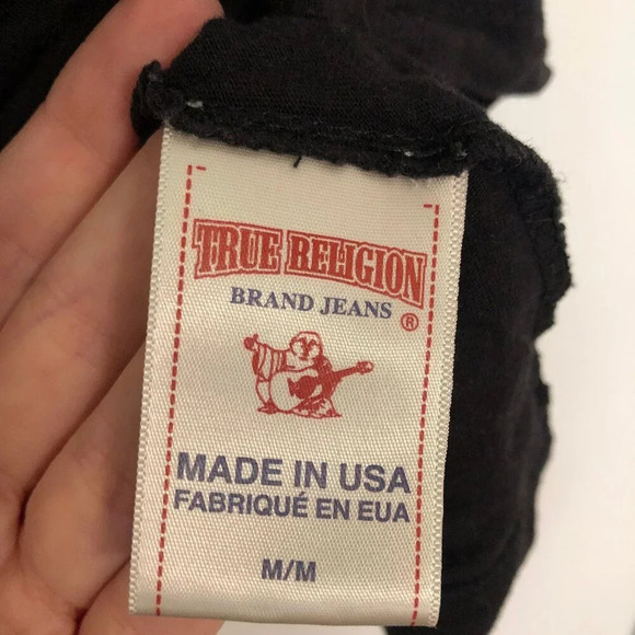 True Religion V Neck Y2K Short Sleeve Tee T-Shirt Size  M Black Logo Script - Picture 8 of 11